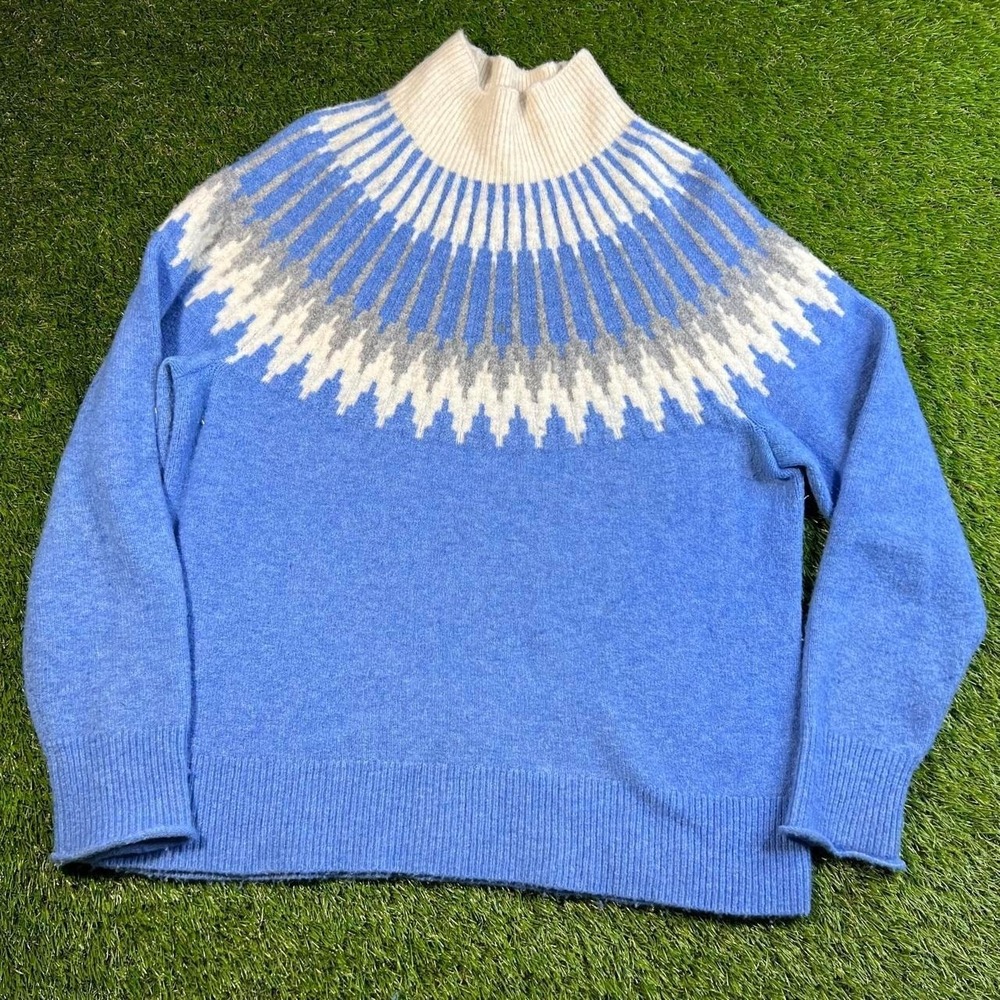 J.Crew Supersoft Fair Isle Turtleneck Sweater Medium Blue Ivory Merino Alpaca